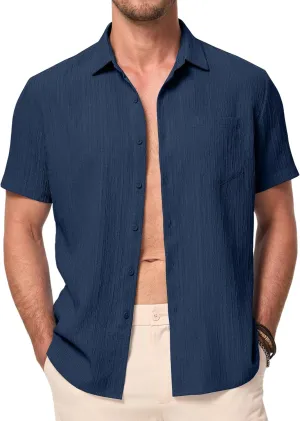 JMIERR Men's Casual Button Down Shirt Short Sleeve Summer Beach Vacation Shirts Textured Shirts with Pocket