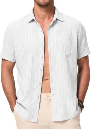 JMIERR Men's Casual Button Down Shirt Short Sleeve Summer Beach Vacation Shirts Textured Shirts with Pocket