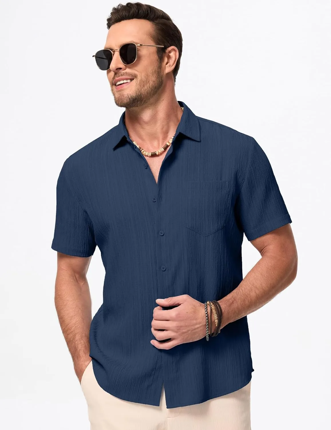 JMIERR Men's Casual Button Down Shirt Short Sleeve Summer Beach Vacation Shirts Textured Shirts with Pocket