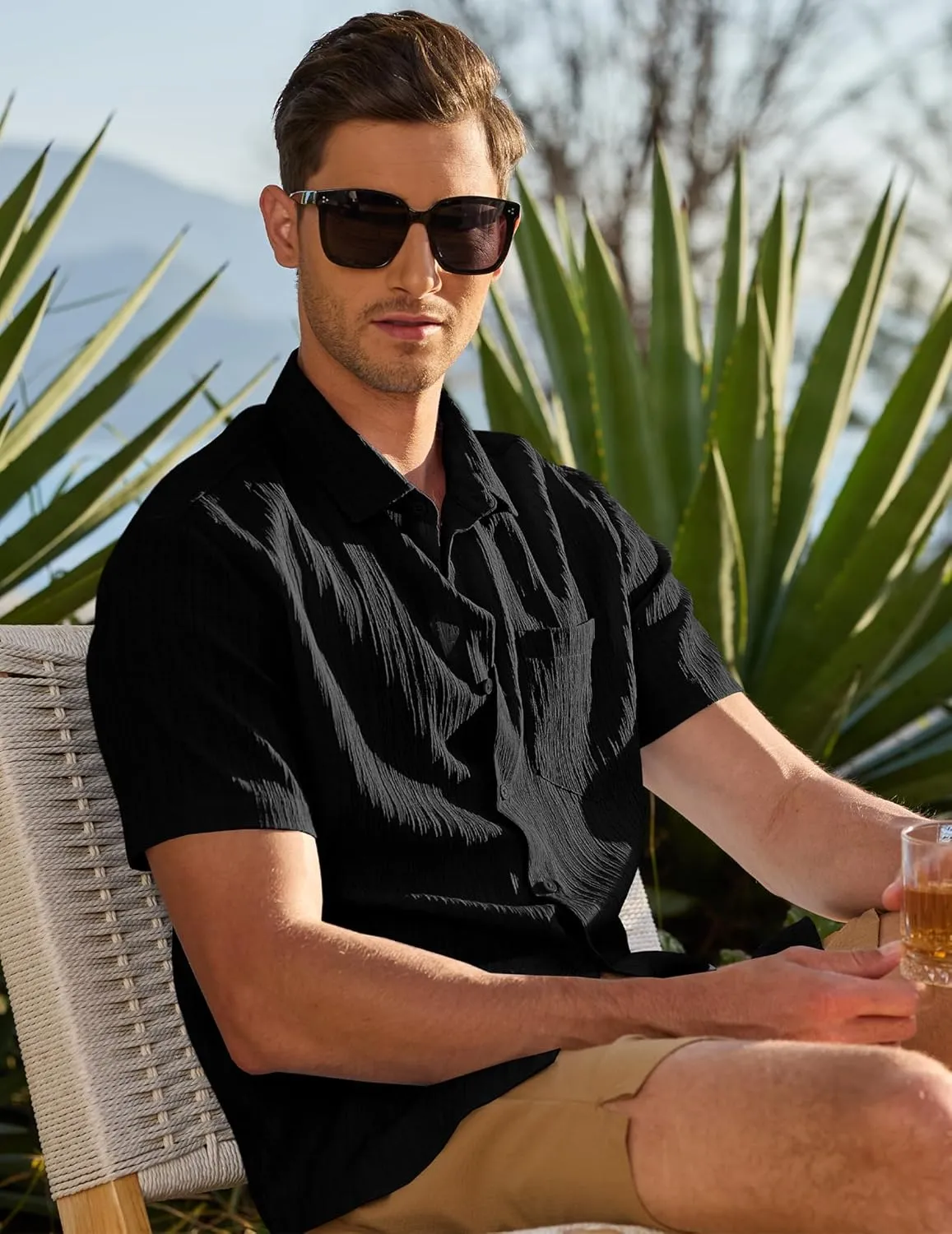 JMIERR Men's Casual Button Down Shirt Short Sleeve Summer Beach Vacation Shirts Textured Shirts with Pocket