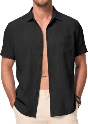 JMIERR Men's Casual Button Down Shirt Short Sleeve Summer Beach Vacation Shirts Textured Shirts with Pocket