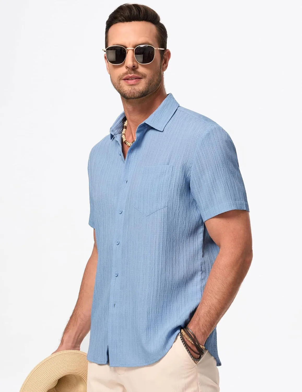 JMIERR Men's Casual Button Down Shirt Short Sleeve Summer Beach Vacation Shirts Textured Shirts with Pocket