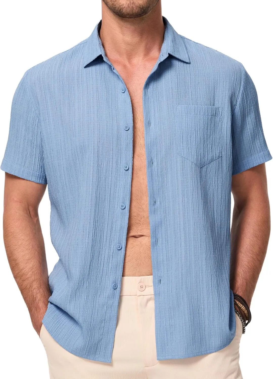 JMIERR Men's Casual Button Down Shirt Short Sleeve Summer Beach Vacation Shirts Textured Shirts with Pocket