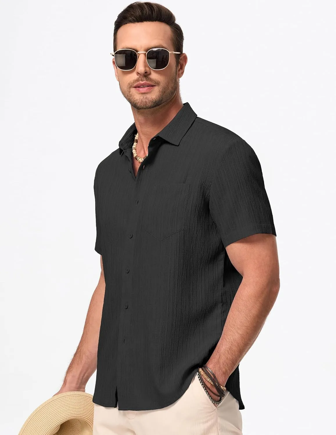 JMIERR Men's Casual Button Down Shirt Short Sleeve Summer Beach Vacation Shirts Textured Shirts with Pocket