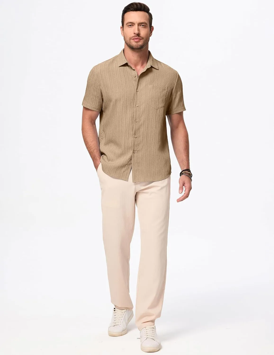 JMIERR Men's Casual Button Down Shirt Short Sleeve Summer Beach Vacation Shirts Textured Shirts with Pocket