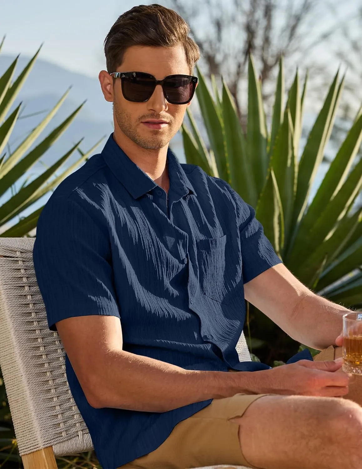 JMIERR Men's Casual Button Down Shirt Short Sleeve Summer Beach Vacation Shirts Textured Shirts with Pocket