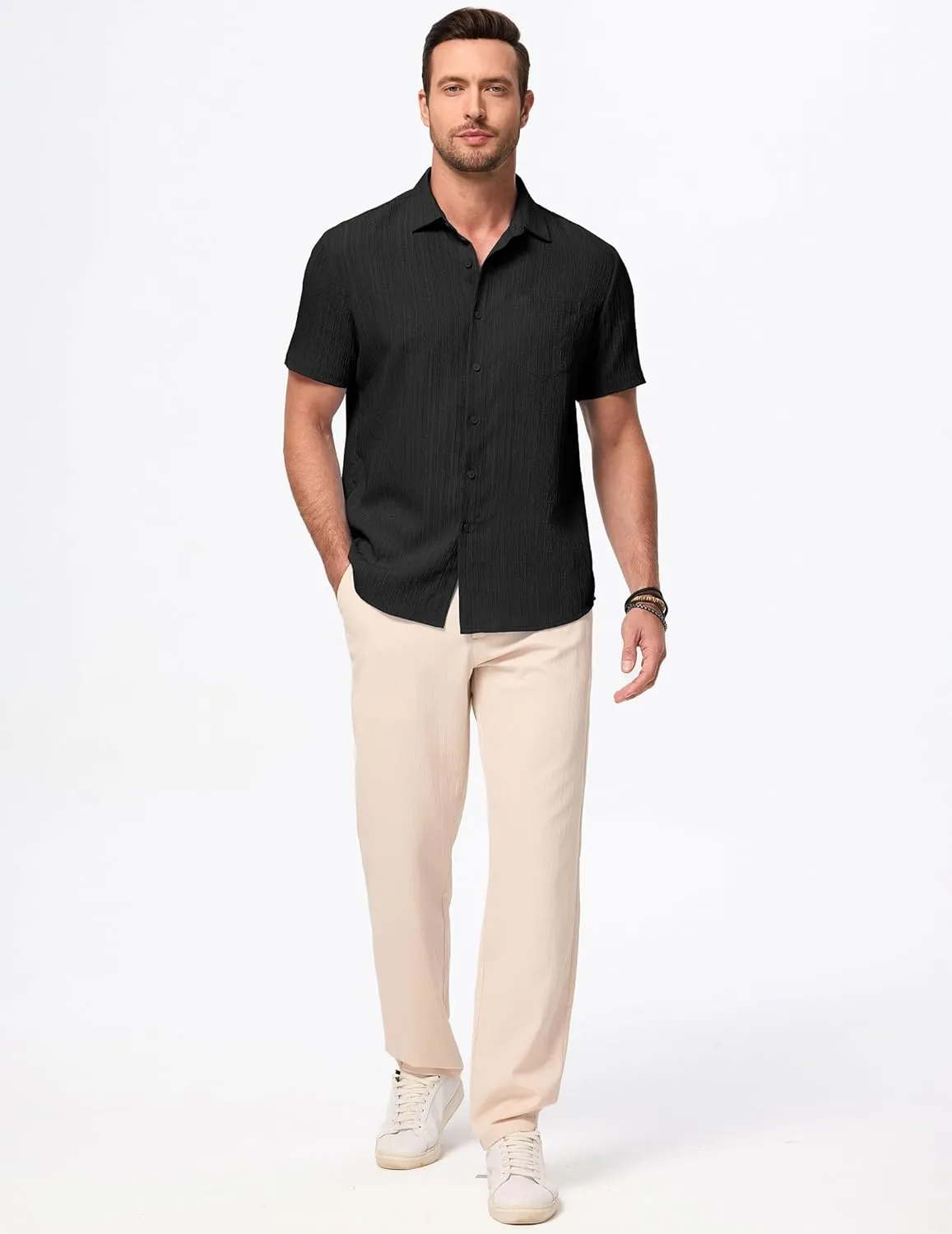 JMIERR Men's Casual Button Down Shirt Short Sleeve Summer Beach Vacation Shirts Textured Shirts with Pocket
