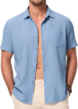 JMIERR Men's Casual Button Down Shirt Short Sleeve Summer Beach Vacation Shirts Textured Shirts with Pocket