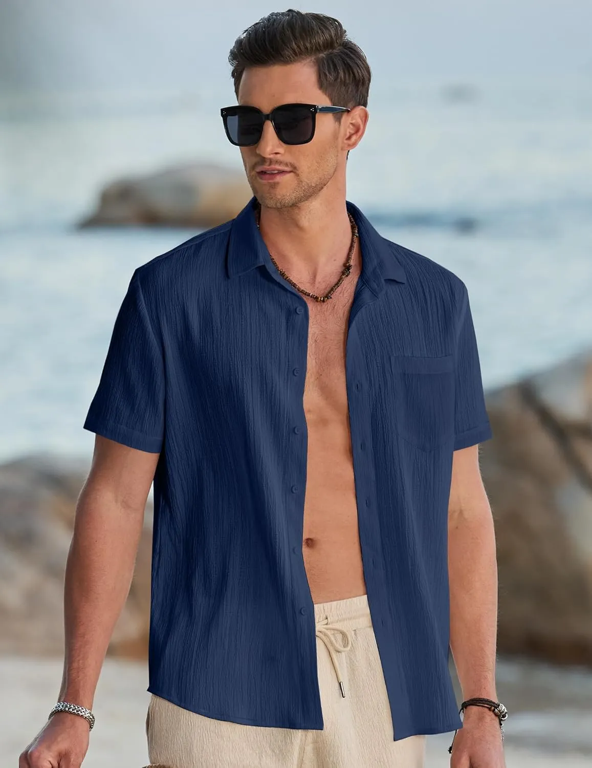JMIERR Men's Casual Button Down Shirt Short Sleeve Summer Beach Vacation Shirts Textured Shirts with Pocket