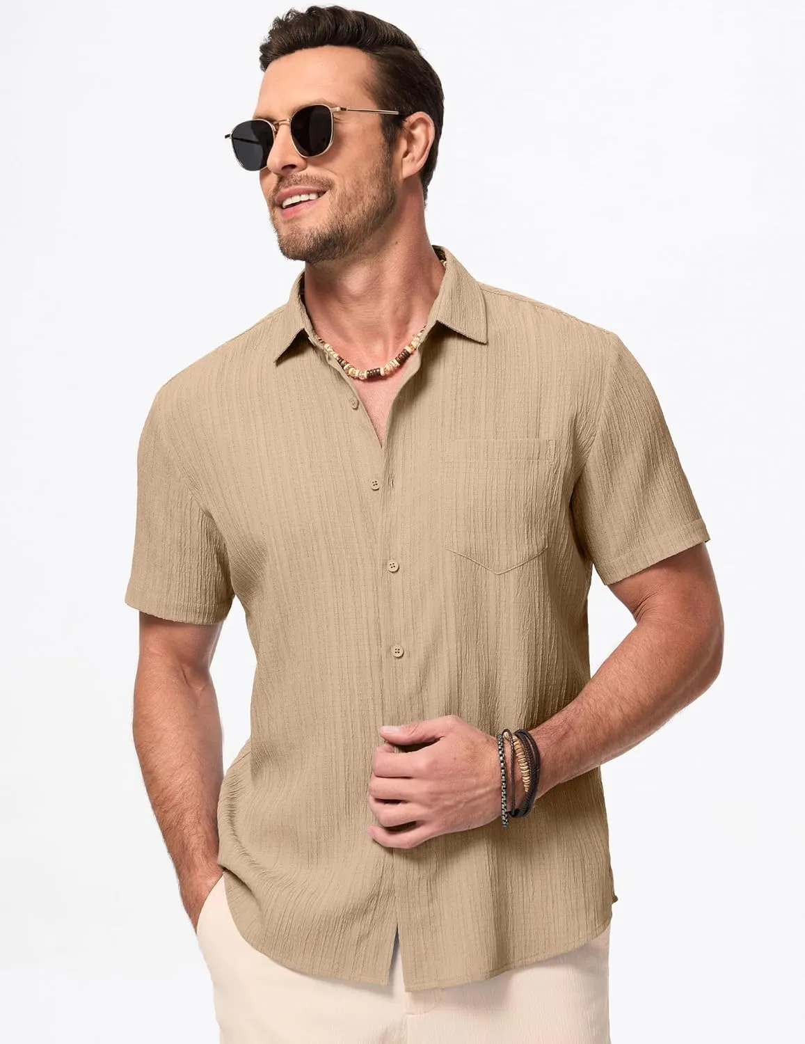 JMIERR Men's Casual Button Down Shirt Short Sleeve Summer Beach Vacation Shirts Textured Shirts with Pocket
