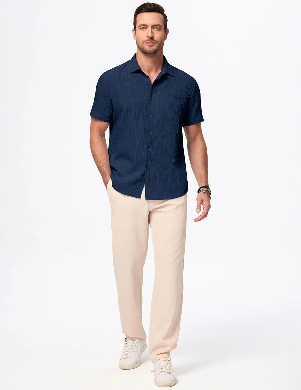 JMIERR Men's Casual Button Down Shirt Short Sleeve Summer Beach Vacation Shirts Textured Shirts with Pocket