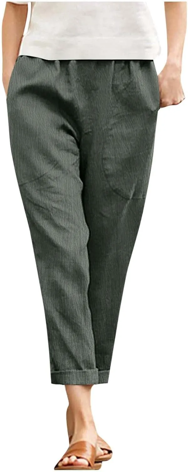 JOAU Women Cotton Linen Pants Casual Summer 2025 Straight Wide Leg Loose Comfy Elastic High Waist Beach Trouser with Pockets