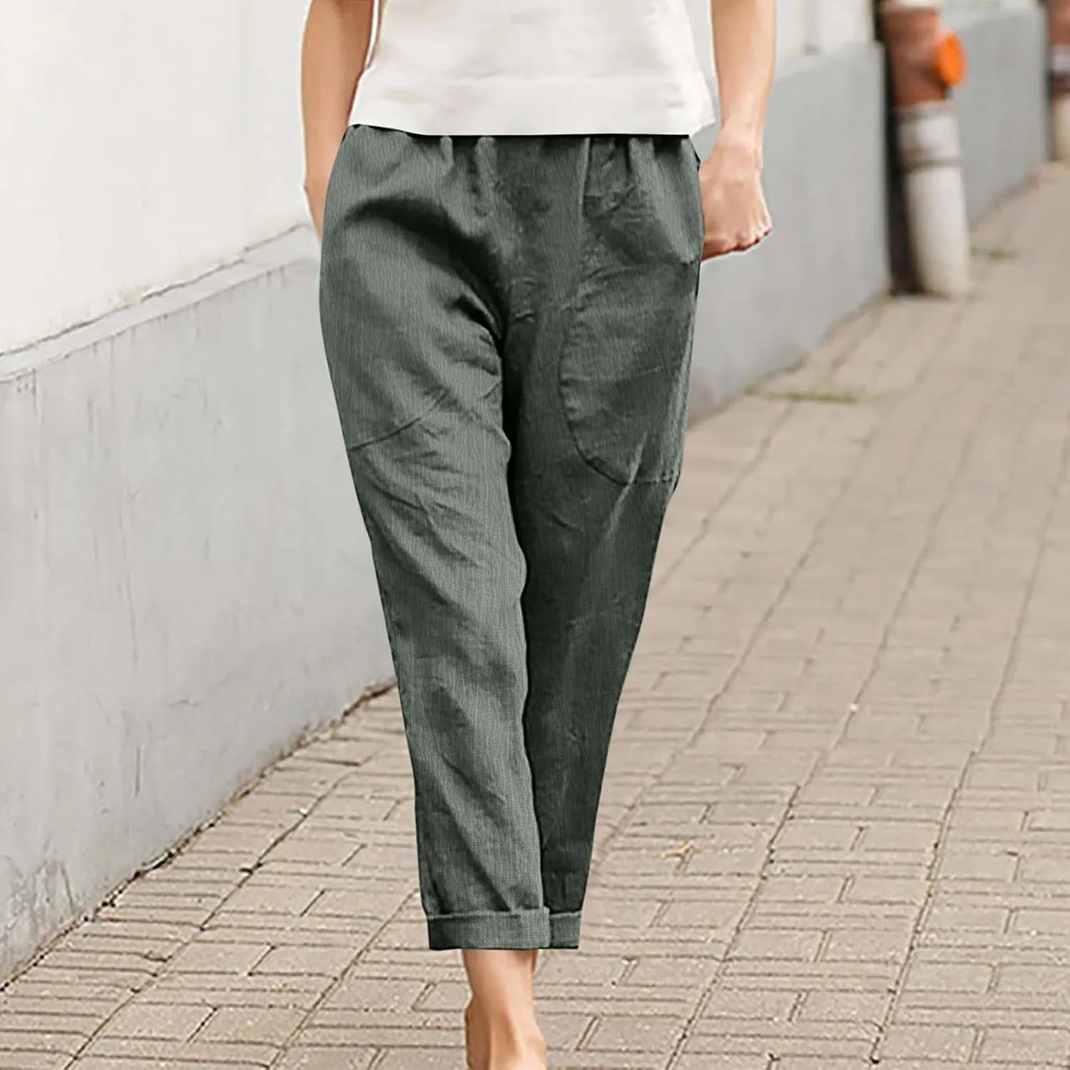 JOAU Women Cotton Linen Pants Casual Summer 2025 Straight Wide Leg Loose Comfy Elastic High Waist Beach Trouser with Pockets