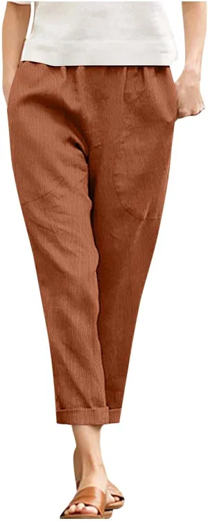JOAU Women Cotton Linen Pants Casual Summer 2025 Straight Wide Leg Loose Comfy Elastic High Waist Beach Trouser with Pockets