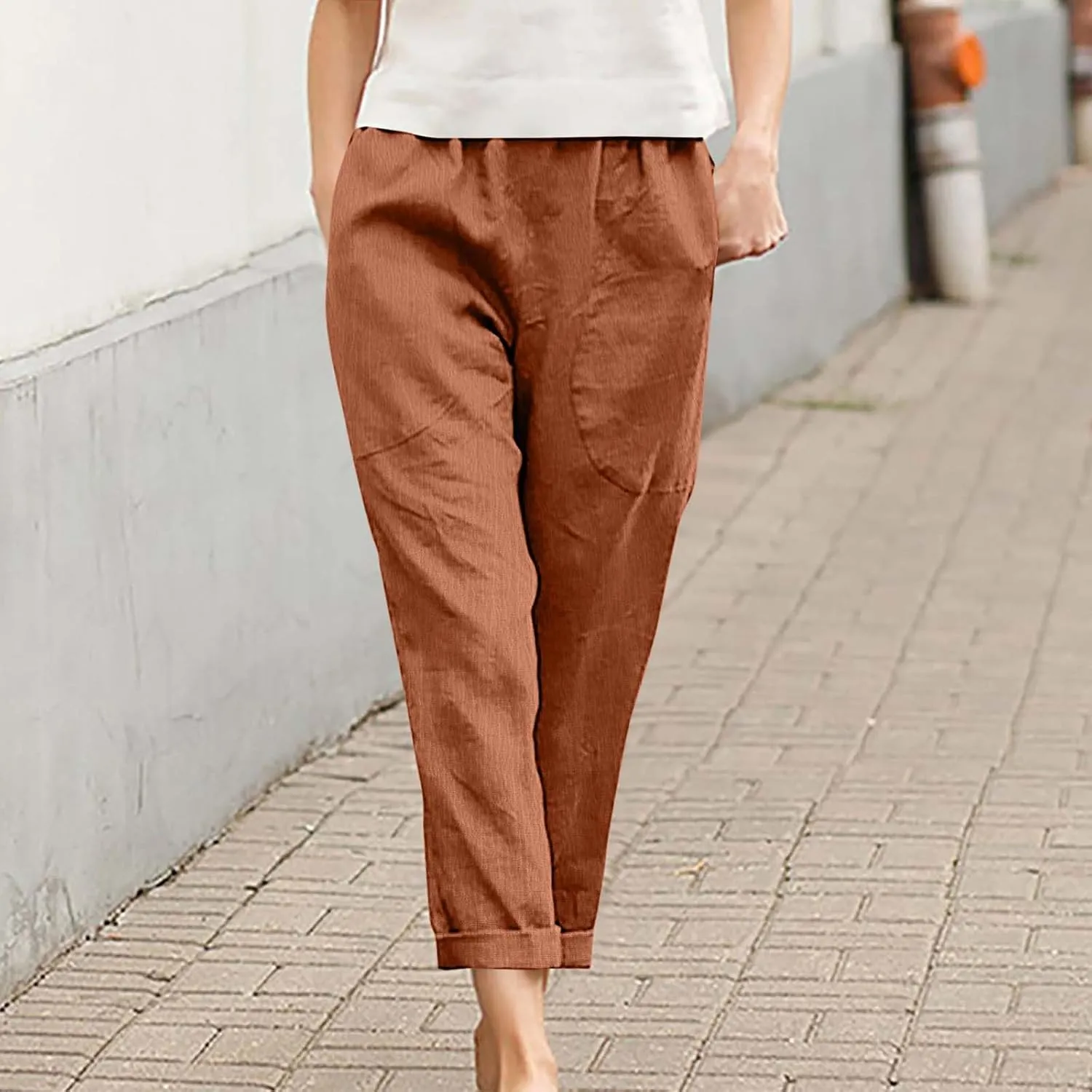 JOAU Women Cotton Linen Pants Casual Summer 2025 Straight Wide Leg Loose Comfy Elastic High Waist Beach Trouser with Pockets