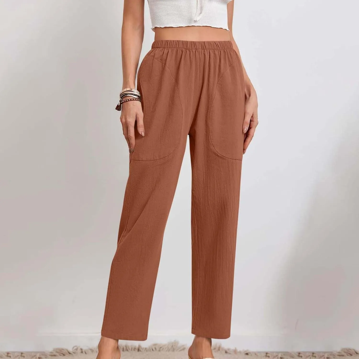 JOAU Women Cotton Linen Pants Casual Summer 2025 Straight Wide Leg Loose Comfy Elastic High Waist Beach Trouser with Pockets