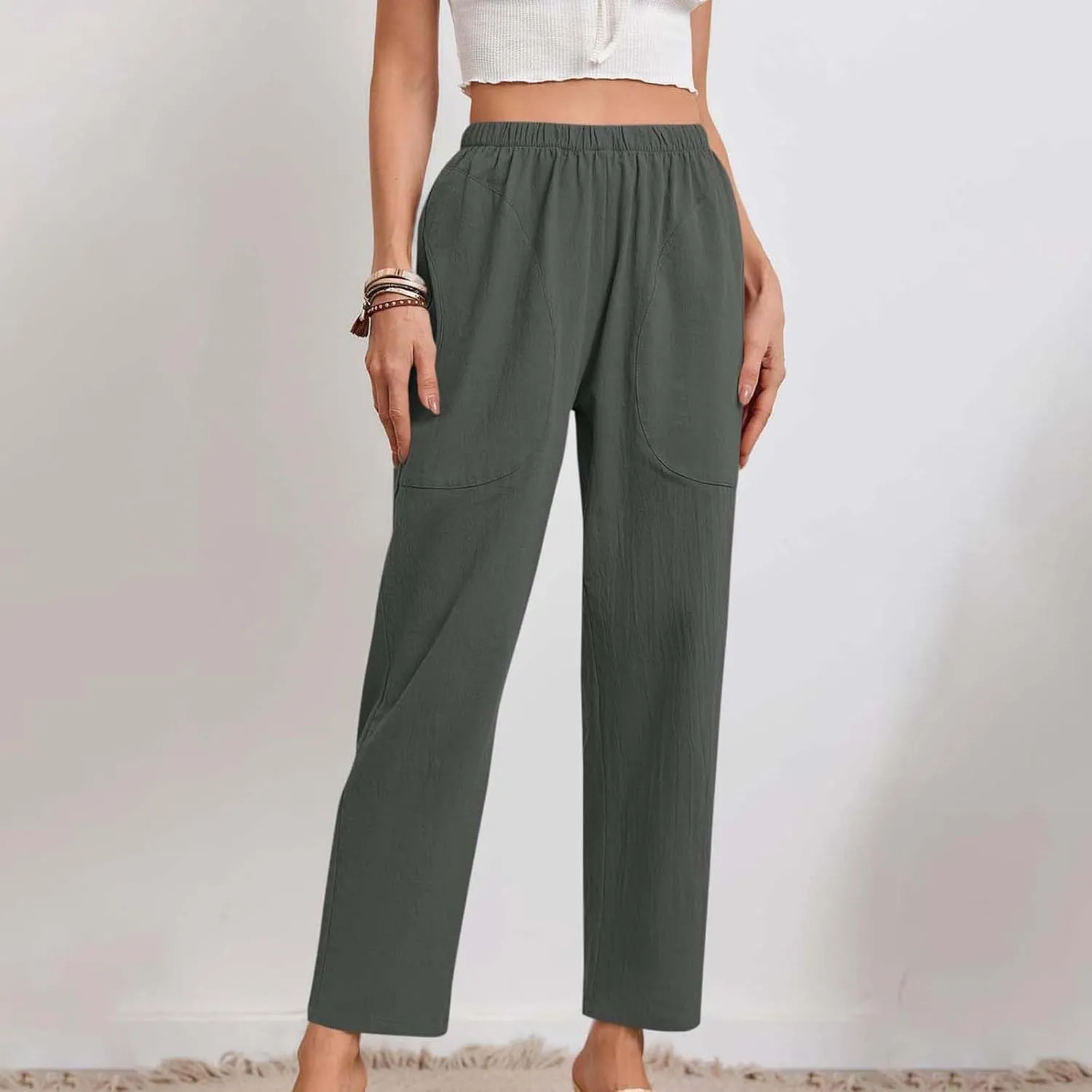 JOAU Women Cotton Linen Pants Casual Summer 2025 Straight Wide Leg Loose Comfy Elastic High Waist Beach Trouser with Pockets