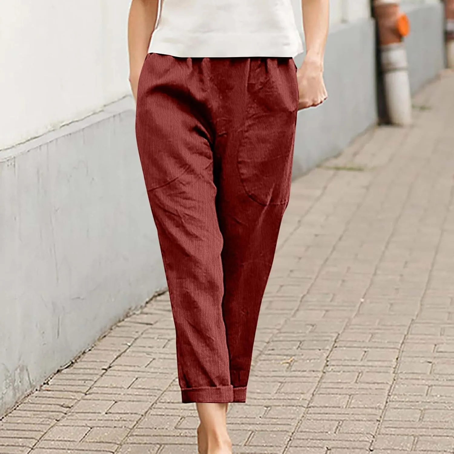 JOAU Women Cotton Linen Pants Casual Summer 2025 Straight Wide Leg Loose Comfy Elastic High Waist Beach Trouser with Pockets