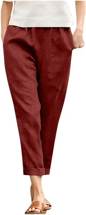 JOAU Women Cotton Linen Pants Casual Summer 2025 Straight Wide Leg Loose Comfy Elastic High Waist Beach Trouser with Pockets