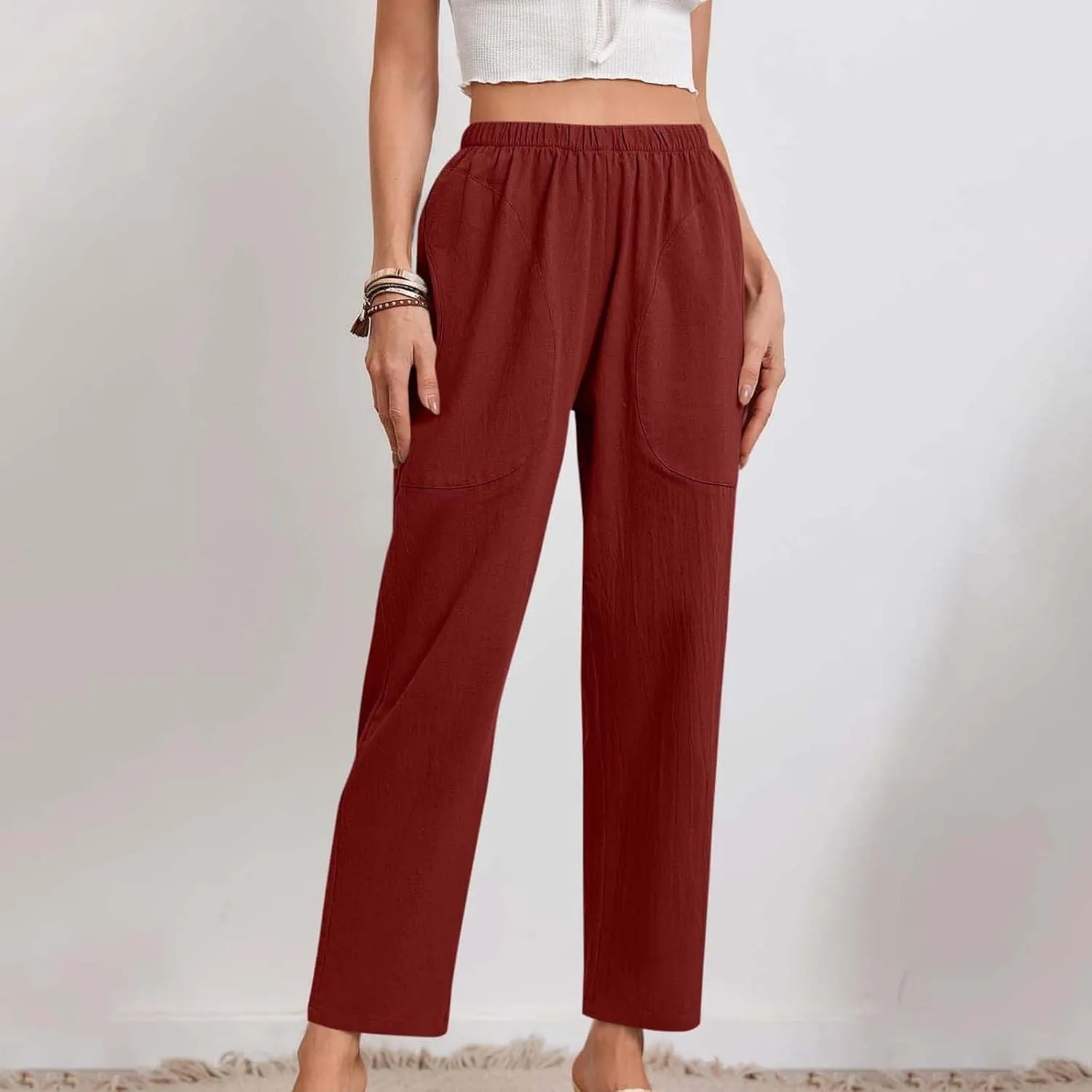 JOAU Women Cotton Linen Pants Casual Summer 2025 Straight Wide Leg Loose Comfy Elastic High Waist Beach Trouser with Pockets