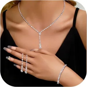 Jstyle Silver Bridal Jewelry Set for Women Rhinestone Necklace Dangle Earrings Bracelet Set Wedding Jewelry Sets for Brides Bridesmaid Crystal Prom Costume Jewelry Accessories for Women
