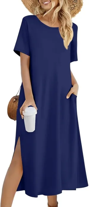 Kenvina Women Floral Summer Dress Casual Beach Dress Printed T Shirt Dress Split Long Dress Vacation Dress with Pockets