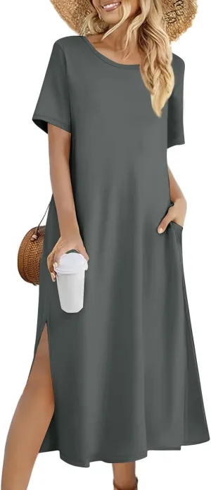 Kenvina Women Floral Summer Dress Casual Beach Dress Printed T Shirt Dress Split Long Dress Vacation Dress with Pockets