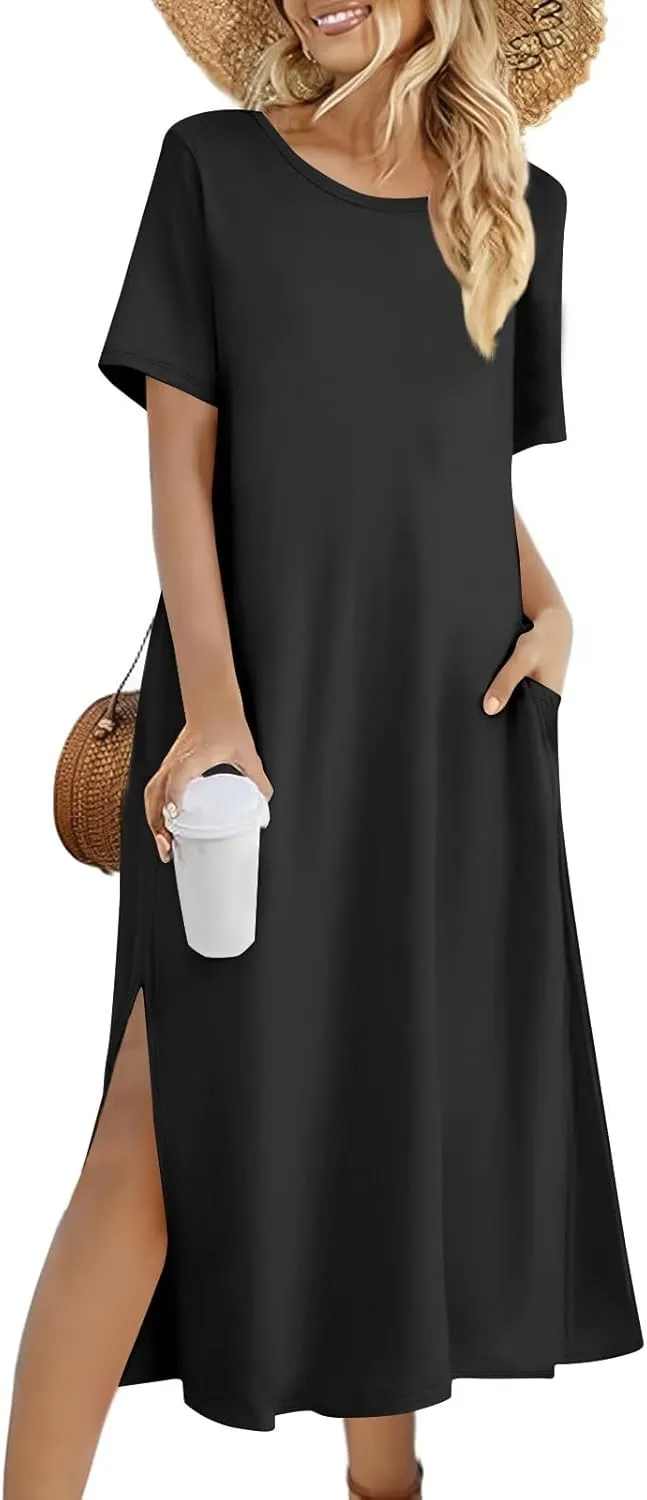 Kenvina Women Floral Summer Dress Casual Beach Dress Printed T Shirt Dress Split Long Dress Vacation Dress with Pockets