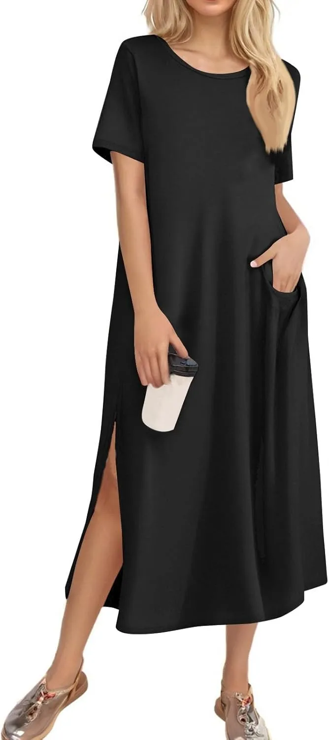 Kenvina Women Floral Summer Dress Casual Beach Dress Printed T Shirt Dress Split Long Dress Vacation Dress with Pockets