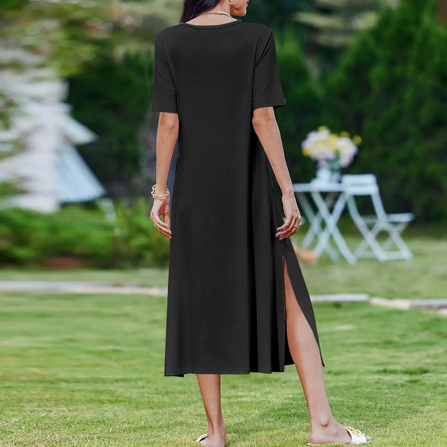 Kenvina Women Floral Summer Dress Casual Beach Dress Printed T Shirt Dress Split Long Dress Vacation Dress with Pockets