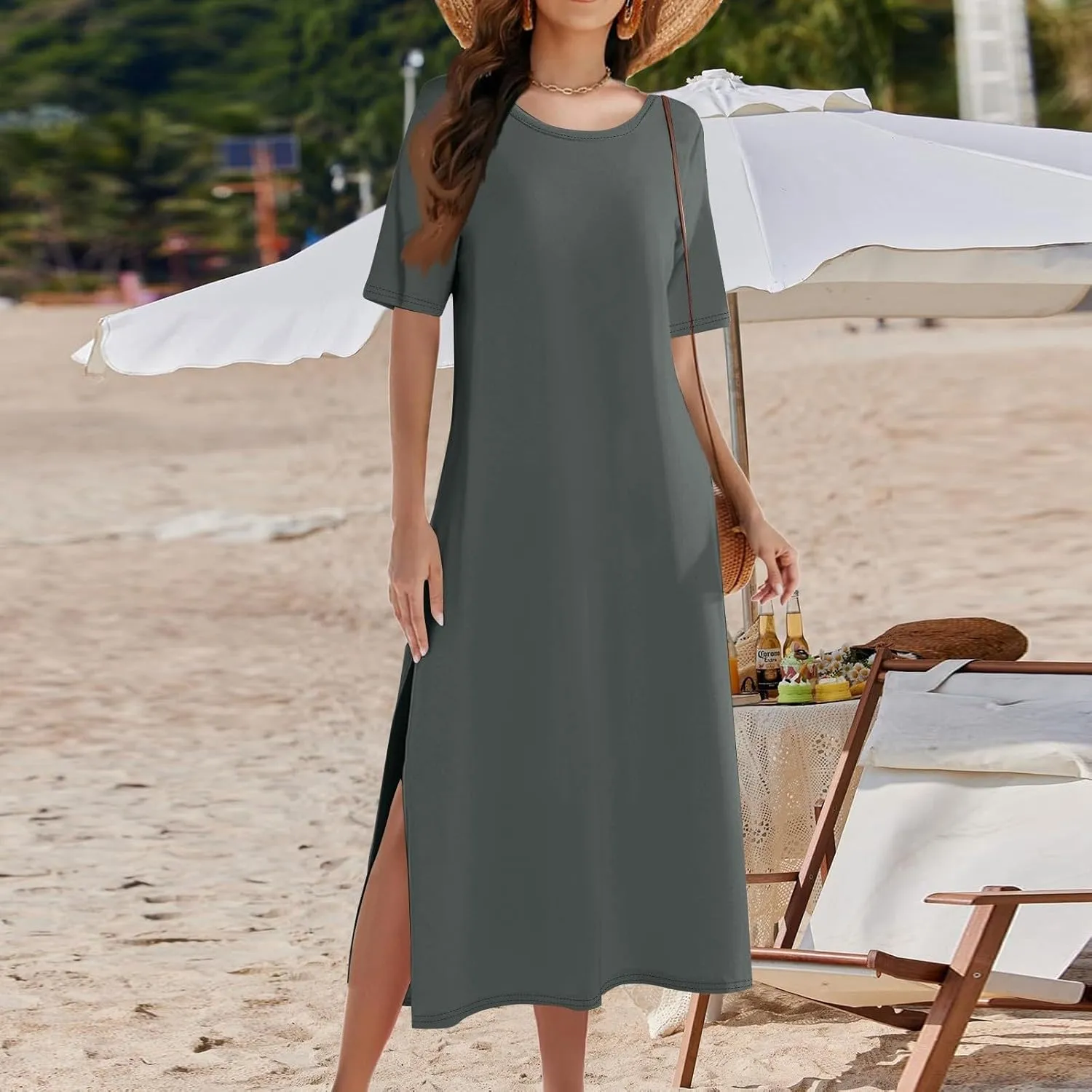 Kenvina Women Floral Summer Dress Casual Beach Dress Printed T Shirt Dress Split Long Dress Vacation Dress with Pockets