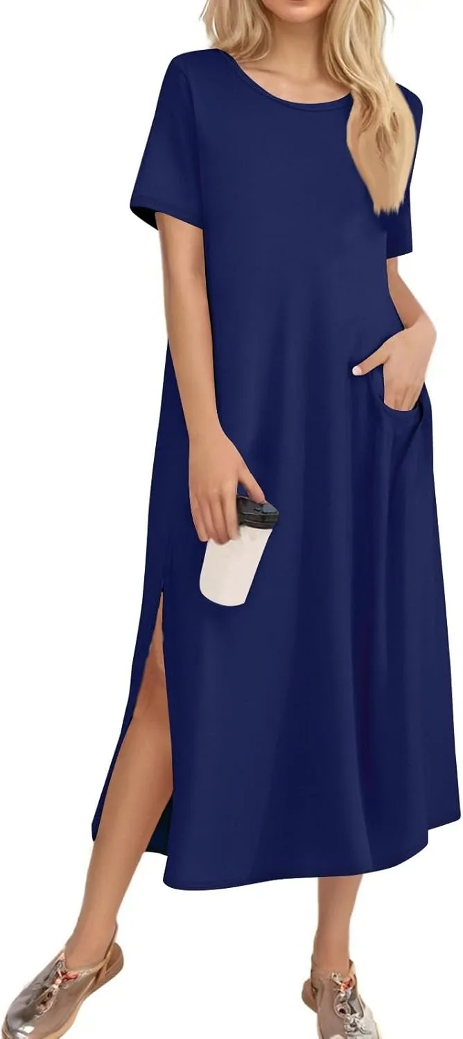 Kenvina Women Floral Summer Dress Casual Beach Dress Printed T Shirt Dress Split Long Dress Vacation Dress with Pockets