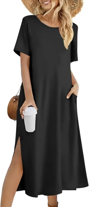 Kenvina Women Floral Summer Dress Casual Beach Dress Printed T Shirt Dress Split Long Dress Vacation Dress with Pockets