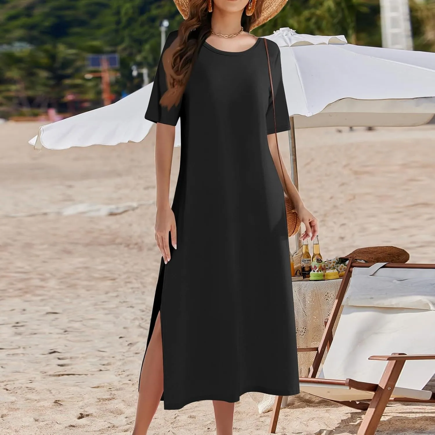 Kenvina Women Floral Summer Dress Casual Beach Dress Printed T Shirt Dress Split Long Dress Vacation Dress with Pockets