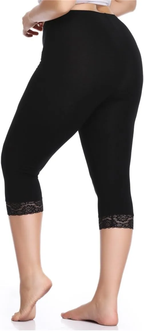 Kotii Women's Plus Size Lace Trim Capri Leggings Stretch Crop Leggings Summer Tights Pants