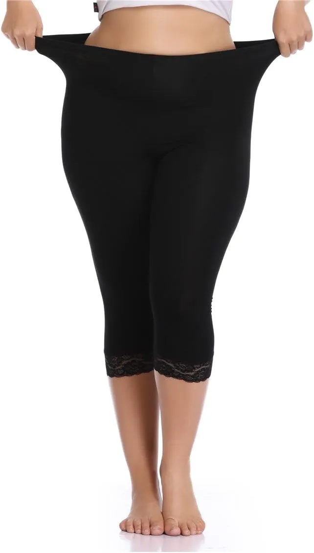 Kotii Women's Plus Size Lace Trim Capri Leggings Stretch Crop Leggings Summer Tights Pants