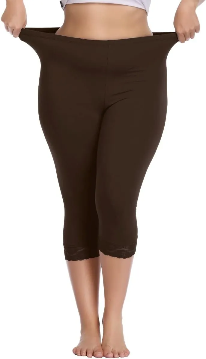 Kotii Women's Plus Size Lace Trim Capri Leggings Stretch Crop Leggings Summer Tights Pants
