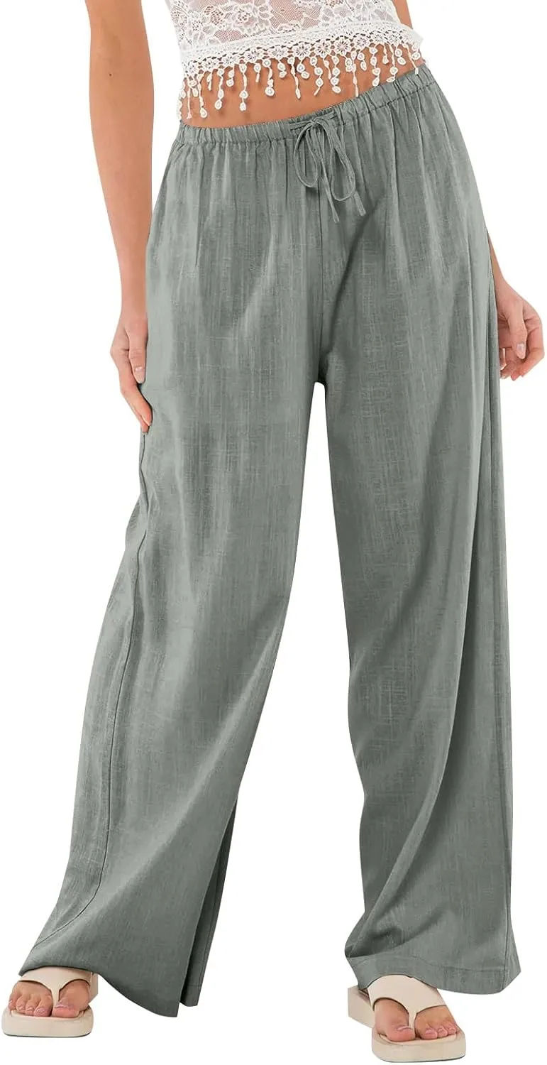 Ladies Linen Pants Summer Wide Leg Pants Drawstring Elastic High Waist Trousers Loose Petite Palazzo Pant with Pocket