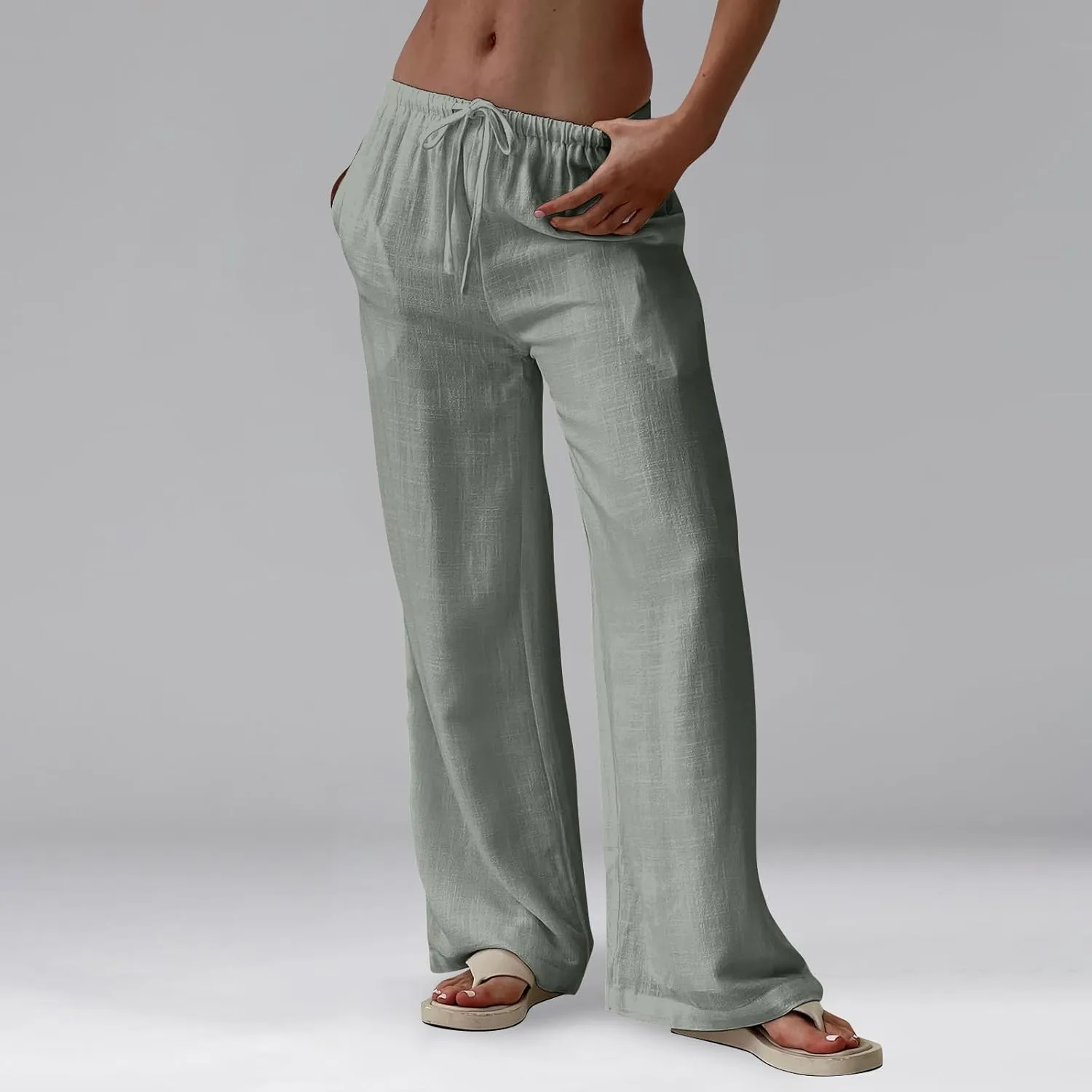 Ladies Linen Pants Summer Wide Leg Pants Drawstring Elastic High Waist Trousers Loose Petite Palazzo Pant with Pocket