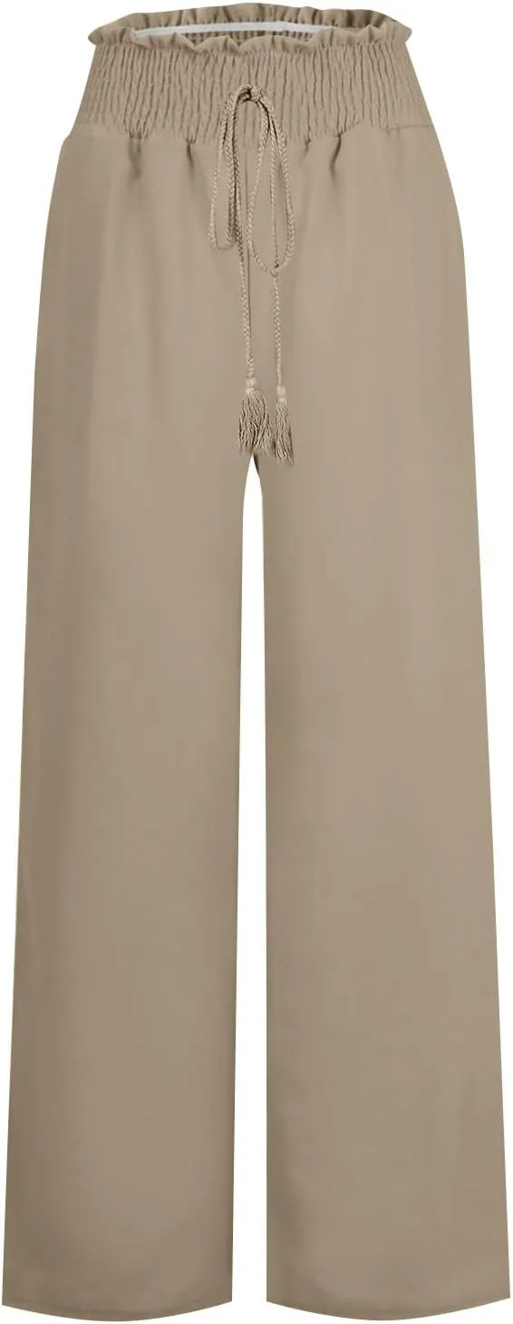Ladies Linen Wide Leg Pants Elatic Waistband High Waisted Pants Summer Flowy Beach Pants Casual Dressy Work Palazzo Pants