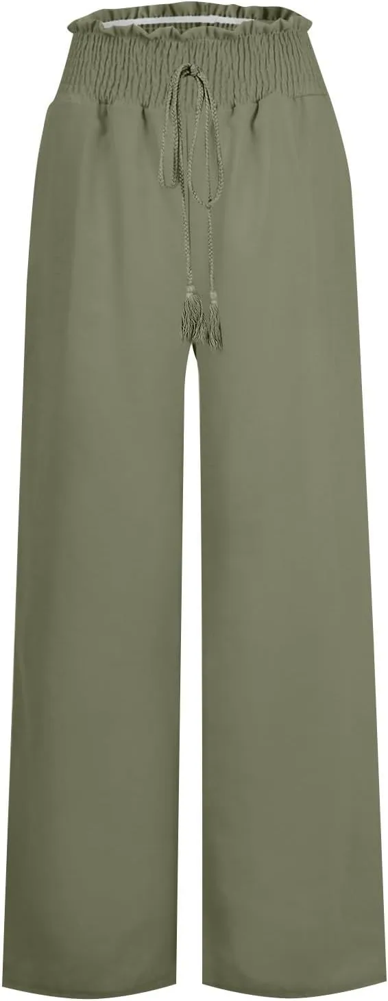Ladies Linen Wide Leg Pants Elatic Waistband High Waisted Pants Summer Flowy Beach Pants Casual Dressy Work Palazzo Pants