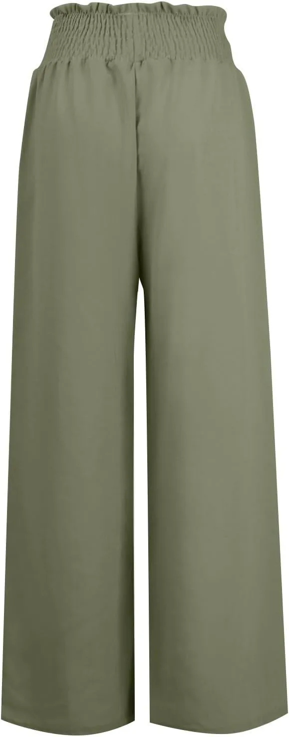 Ladies Linen Wide Leg Pants Elatic Waistband High Waisted Pants Summer Flowy Beach Pants Casual Dressy Work Palazzo Pants