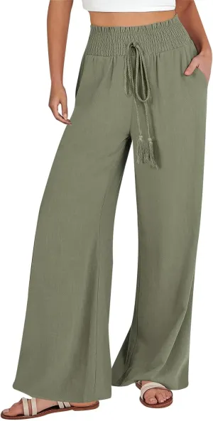 Ladies Linen Wide Leg Pants Elatic Waistband High Waisted Pants Summer Flowy Beach Pants Casual Dressy Work Palazzo Pants