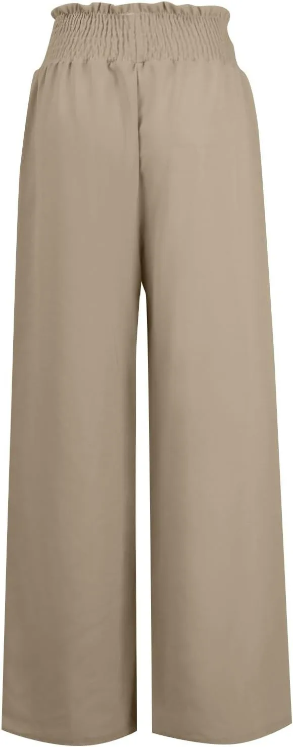Ladies Linen Wide Leg Pants Elatic Waistband High Waisted Pants Summer Flowy Beach Pants Casual Dressy Work Palazzo Pants