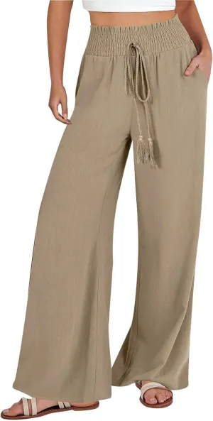 Ladies Linen Wide Leg Pants Elatic Waistband High Waisted Pants Summer Flowy Beach Pants Casual Dressy Work Palazzo Pants