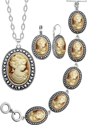 Lady Queen Cameo Jewelry Sets Vintage Look Necklace Earrings Bracelet Antique Silver Plated Fashion Jewelry