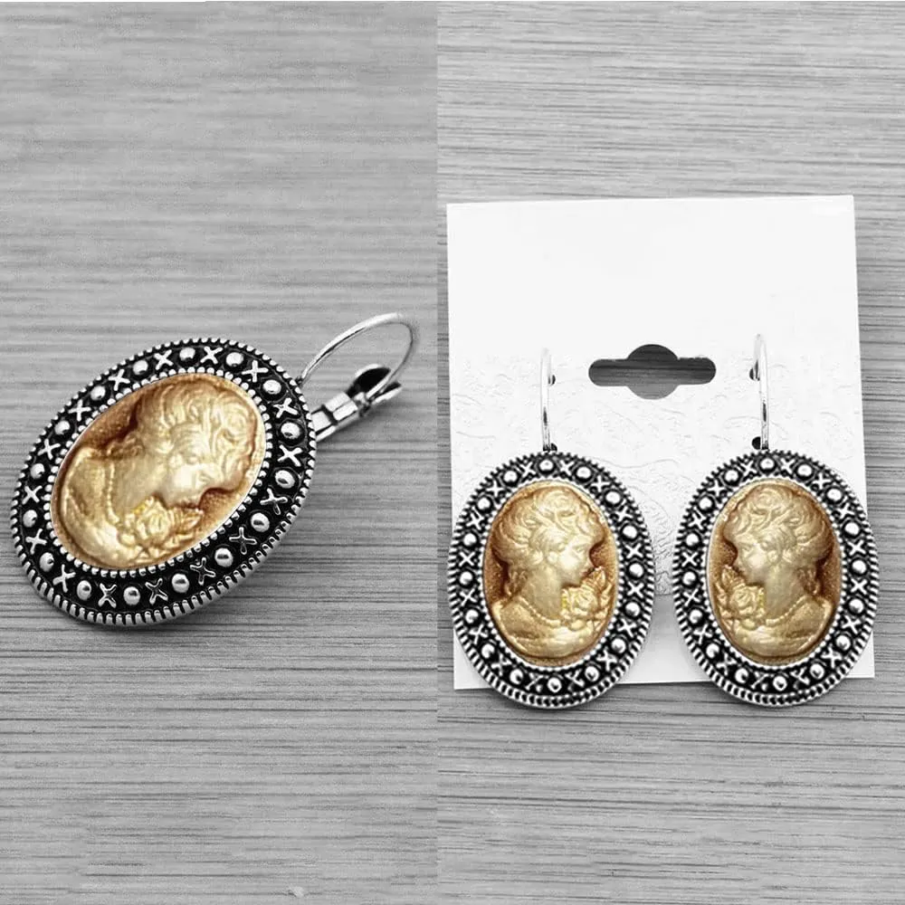Lady Queen Cameo Jewelry Sets Vintage Look Necklace Earrings Bracelet Antique Silver Plated Fashion Jewelry