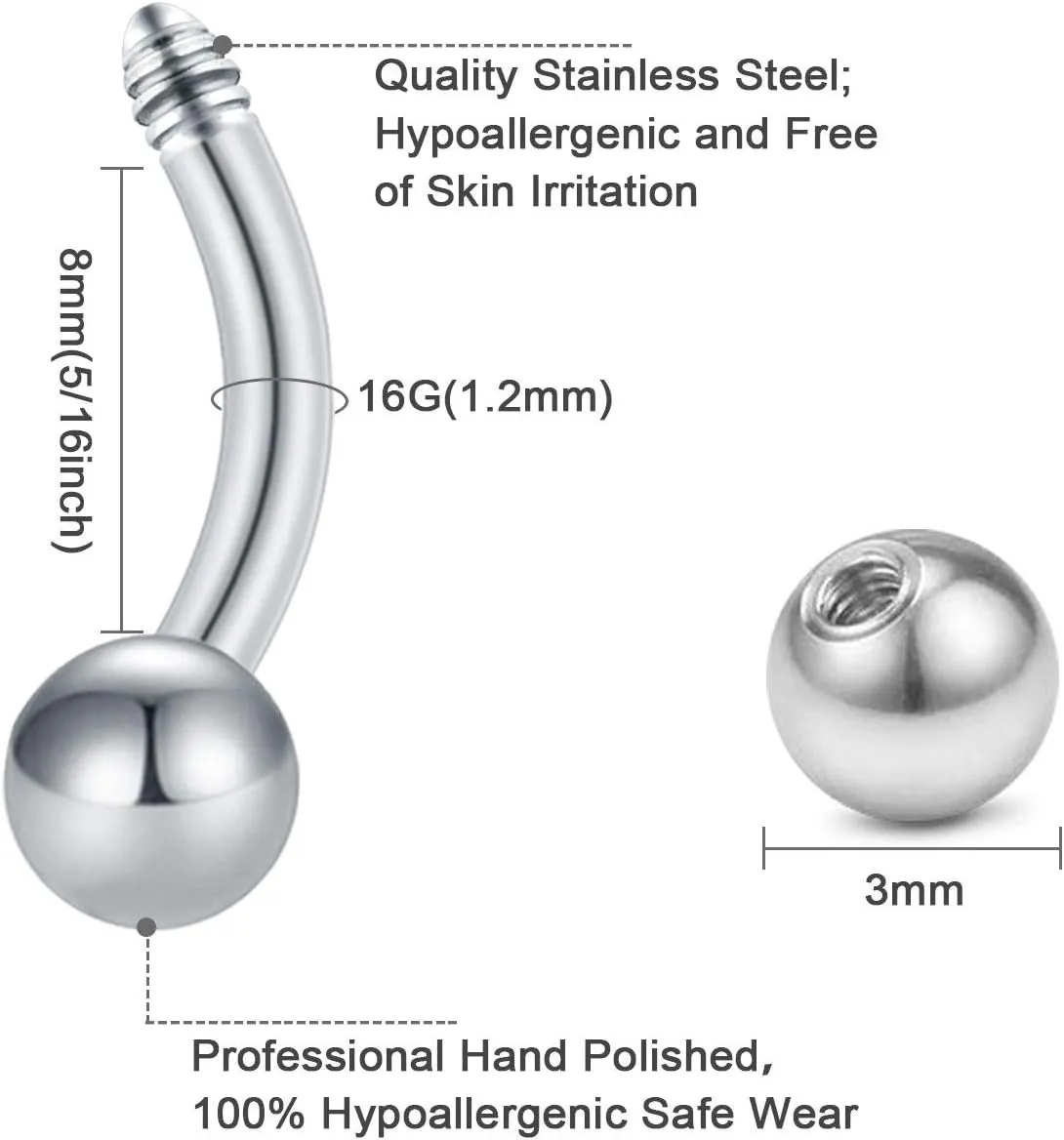 LAURITAMI 16G Rook Piercing Jewelry Rook Earrings Stainless Steel Daith Surface Tragus Piercing Jewelry Curved Barbell Eyebrow Rings Horseshoe Hoop Earring Cartilage Helix Conch Piercing Jewelry