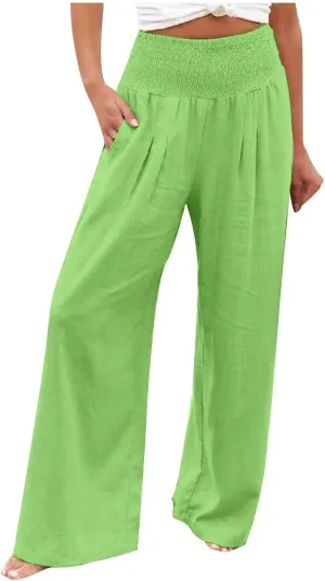 LCMTWX Palazzo Pants Leg Palazzo Pants for Women Smocked Elastic Waist Loose Comfy Casual Pajama Pants Pockets Beach Pants