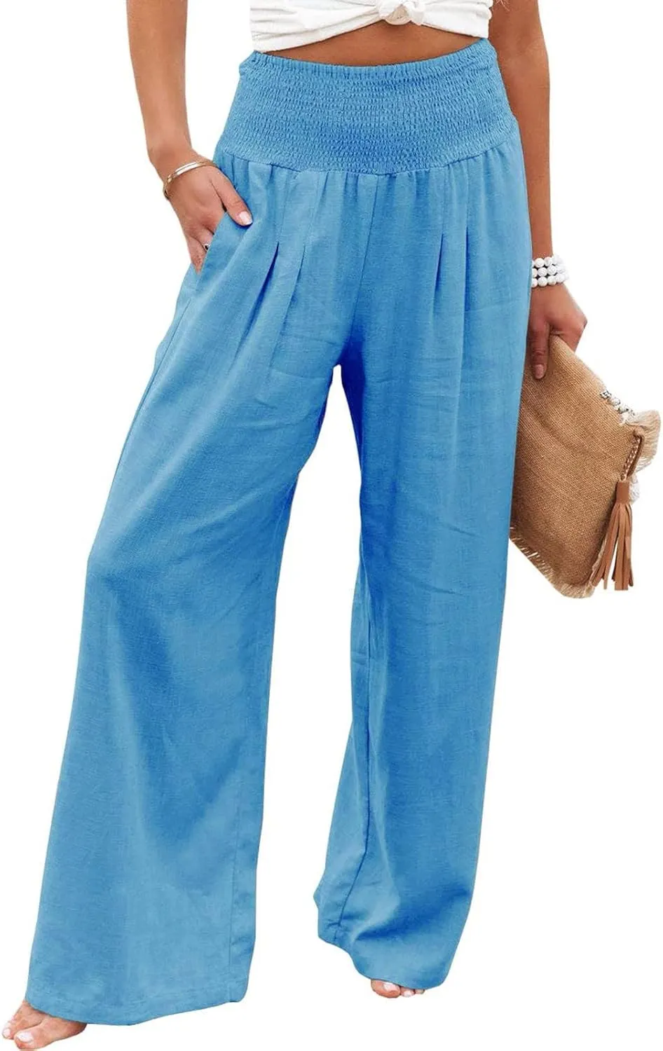 LCMTWX Palazzo Pants Leg Palazzo Pants for Women Smocked Elastic Waist Loose Comfy Casual Pajama Pants Pockets Beach Pants